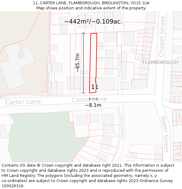 11, CARTER LANE, FLAMBOROUGH, BRIDLINGTON, YO15 1LW: Plot and title map