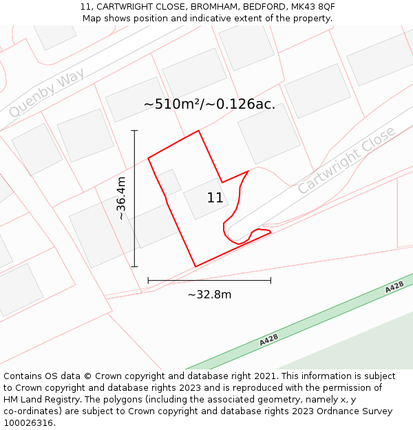 11, CARTWRIGHT CLOSE, BROMHAM, BEDFORD, MK43 8QF: Plot and title map