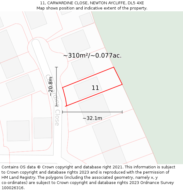 11, CARWARDINE CLOSE, NEWTON AYCLIFFE, DL5 4XE: Plot and title map