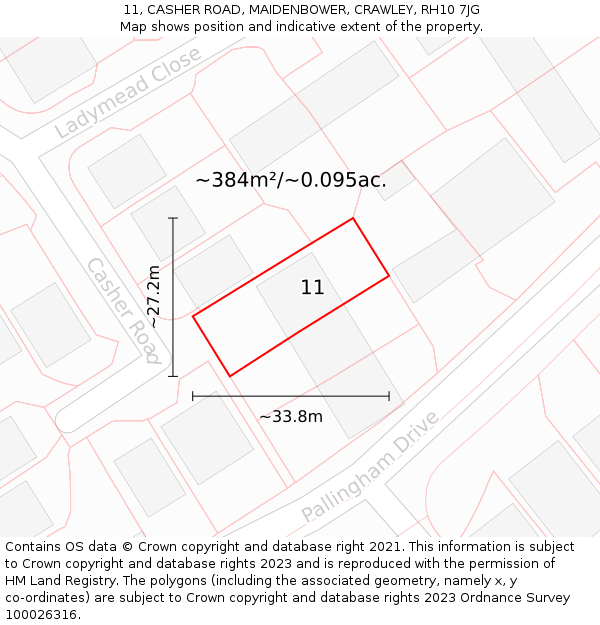 11, CASHER ROAD, MAIDENBOWER, CRAWLEY, RH10 7JG: Plot and title map