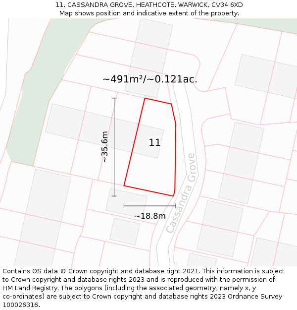 11, CASSANDRA GROVE, HEATHCOTE, WARWICK, CV34 6XD: Plot and title map