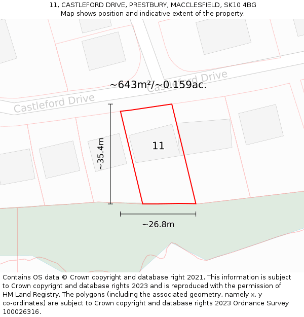 11, CASTLEFORD DRIVE, PRESTBURY, MACCLESFIELD, SK10 4BG: Plot and title map