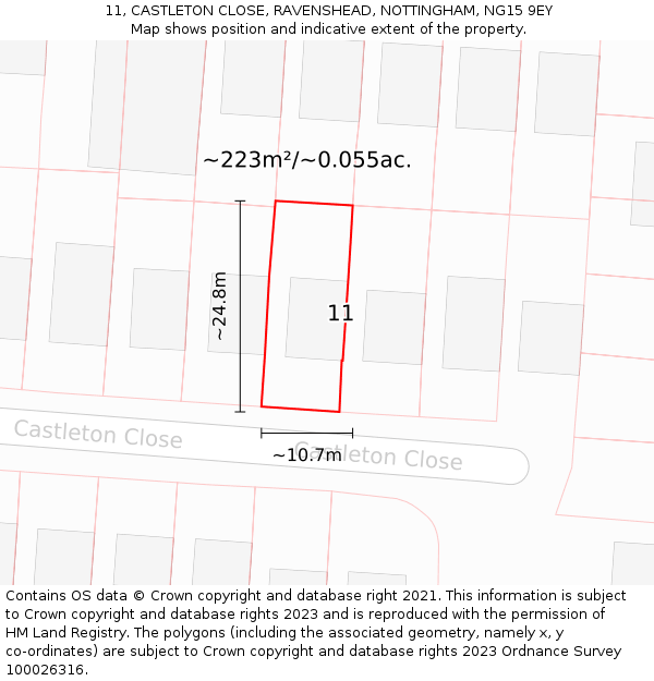 11, CASTLETON CLOSE, RAVENSHEAD, NOTTINGHAM, NG15 9EY: Plot and title map