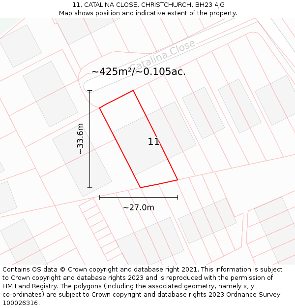 11, CATALINA CLOSE, CHRISTCHURCH, BH23 4JG: Plot and title map