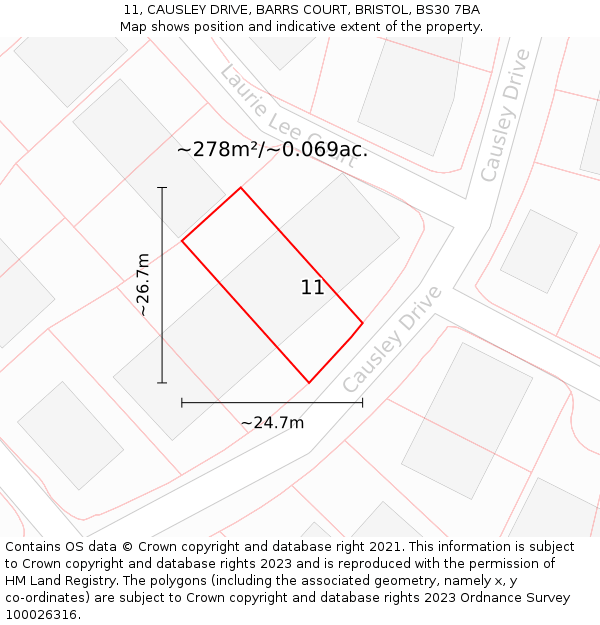 11, CAUSLEY DRIVE, BARRS COURT, BRISTOL, BS30 7BA: Plot and title map