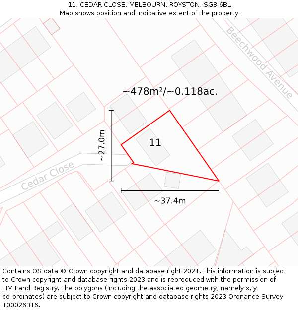 11, CEDAR CLOSE, MELBOURN, ROYSTON, SG8 6BL: Plot and title map