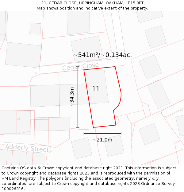 11, CEDAR CLOSE, UPPINGHAM, OAKHAM, LE15 9PT: Plot and title map
