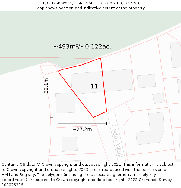 11, CEDAR WALK, CAMPSALL, DONCASTER, DN6 9BZ: Plot and title map