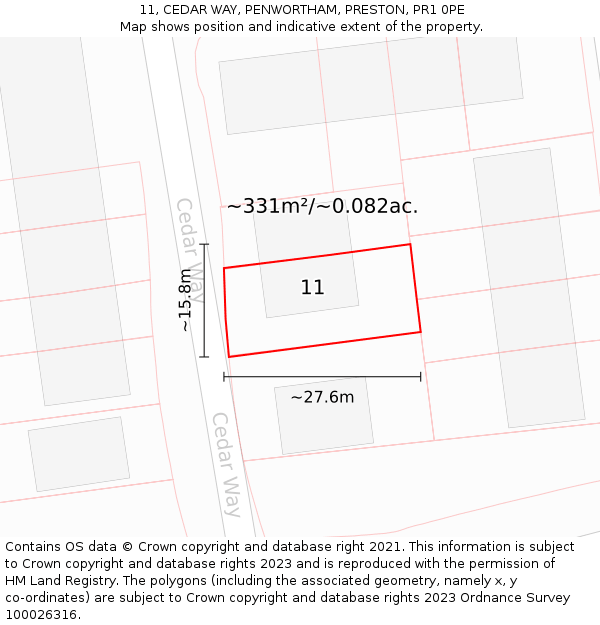 11, CEDAR WAY, PENWORTHAM, PRESTON, PR1 0PE: Plot and title map