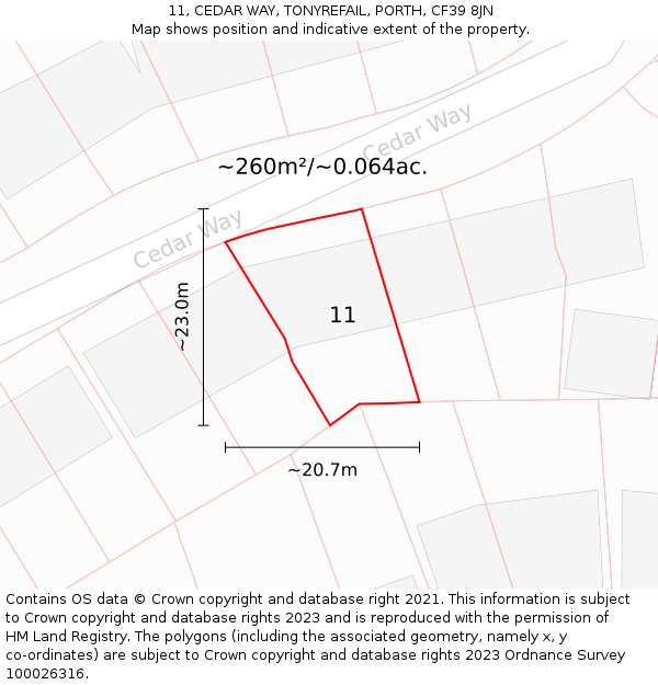 11, CEDAR WAY, TONYREFAIL, PORTH, CF39 8JN: Plot and title map