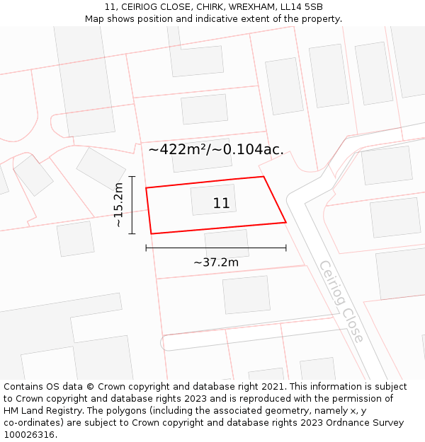 11, CEIRIOG CLOSE, CHIRK, WREXHAM, LL14 5SB: Plot and title map