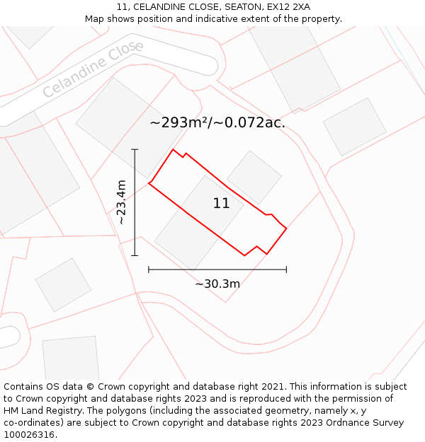11, CELANDINE CLOSE, SEATON, EX12 2XA: Plot and title map