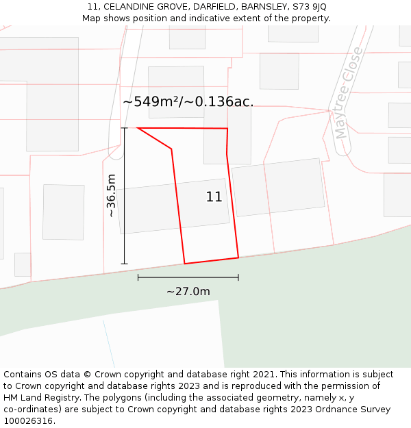 11, CELANDINE GROVE, DARFIELD, BARNSLEY, S73 9JQ: Plot and title map