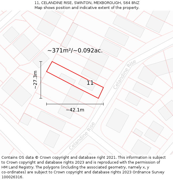 11, CELANDINE RISE, SWINTON, MEXBOROUGH, S64 8NZ: Plot and title map