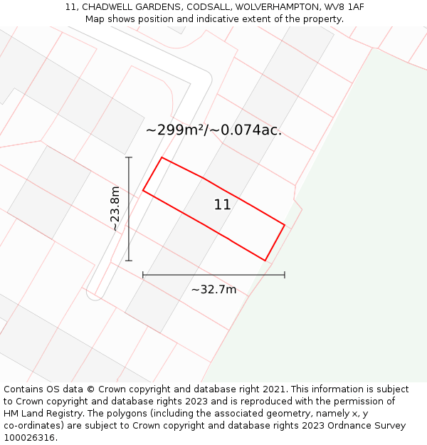 11, CHADWELL GARDENS, CODSALL, WOLVERHAMPTON, WV8 1AF: Plot and title map