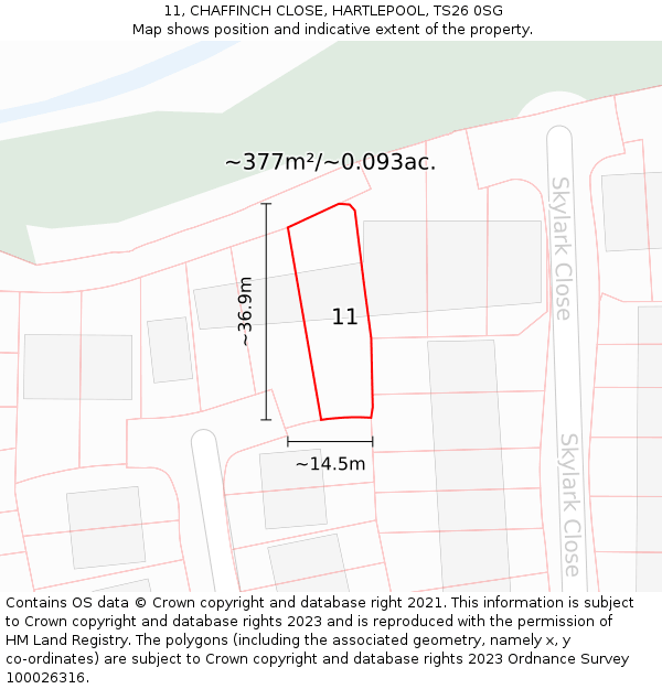 11, CHAFFINCH CLOSE, HARTLEPOOL, TS26 0SG: Plot and title map