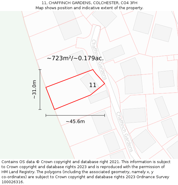 11, CHAFFINCH GARDENS, COLCHESTER, CO4 3FH: Plot and title map
