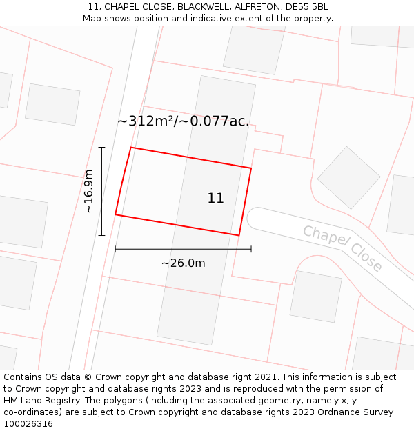 11, CHAPEL CLOSE, BLACKWELL, ALFRETON, DE55 5BL: Plot and title map