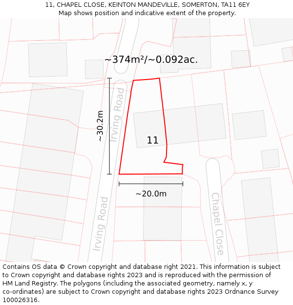 11, CHAPEL CLOSE, KEINTON MANDEVILLE, SOMERTON, TA11 6EY: Plot and title map