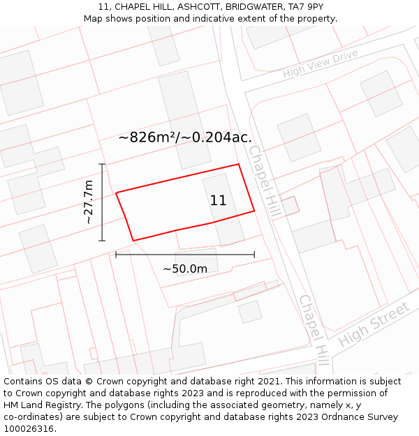 11, CHAPEL HILL, ASHCOTT, BRIDGWATER, TA7 9PY: Plot and title map
