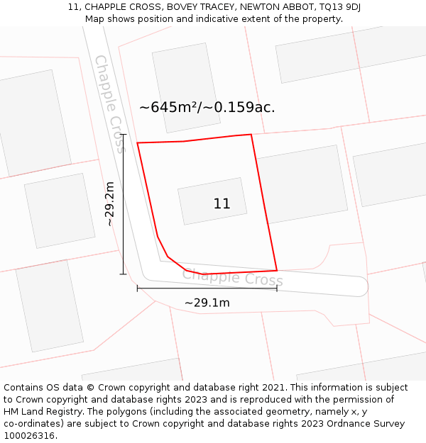 11, CHAPPLE CROSS, BOVEY TRACEY, NEWTON ABBOT, TQ13 9DJ: Plot and title map