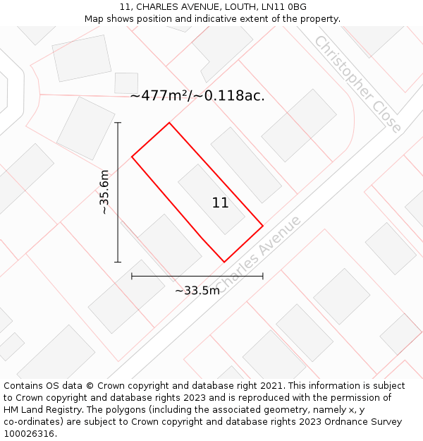 11, CHARLES AVENUE, LOUTH, LN11 0BG: Plot and title map