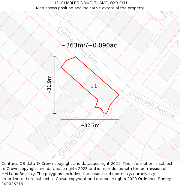 11, CHARLES DRIVE, THAME, OX9 3XU: Plot and title map