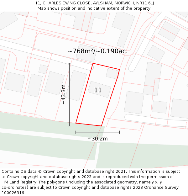 11, CHARLES EWING CLOSE, AYLSHAM, NORWICH, NR11 6LJ: Plot and title map