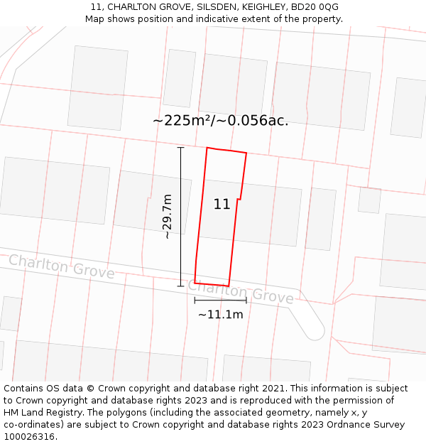11, CHARLTON GROVE, SILSDEN, KEIGHLEY, BD20 0QG: Plot and title map