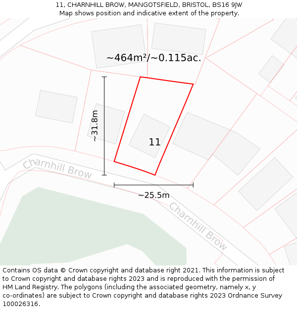 11, CHARNHILL BROW, MANGOTSFIELD, BRISTOL, BS16 9JW: Plot and title map