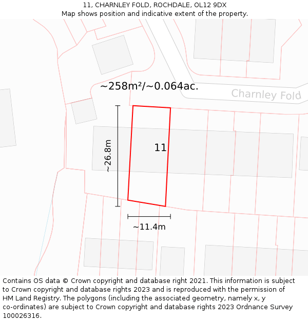 11, CHARNLEY FOLD, ROCHDALE, OL12 9DX: Plot and title map