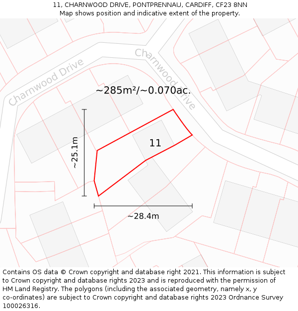 11, CHARNWOOD DRIVE, PONTPRENNAU, CARDIFF, CF23 8NN: Plot and title map
