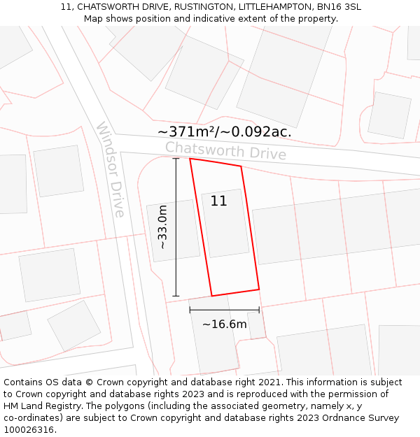11, CHATSWORTH DRIVE, RUSTINGTON, LITTLEHAMPTON, BN16 3SL: Plot and title map