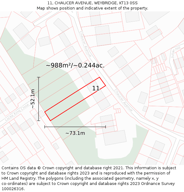11, CHAUCER AVENUE, WEYBRIDGE, KT13 0SS: Plot and title map