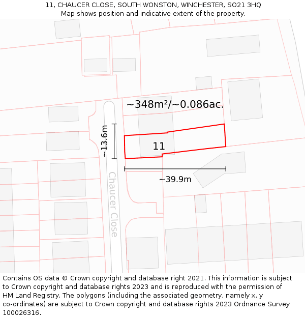 11, CHAUCER CLOSE, SOUTH WONSTON, WINCHESTER, SO21 3HQ: Plot and title map