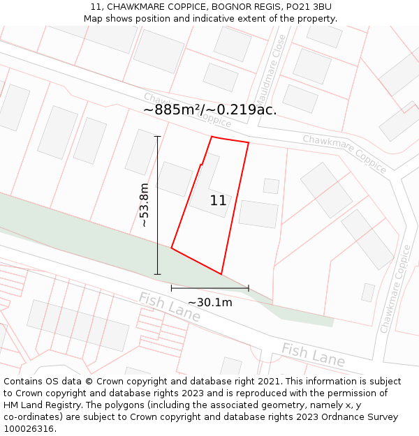 11, CHAWKMARE COPPICE, BOGNOR REGIS, PO21 3BU: Plot and title map