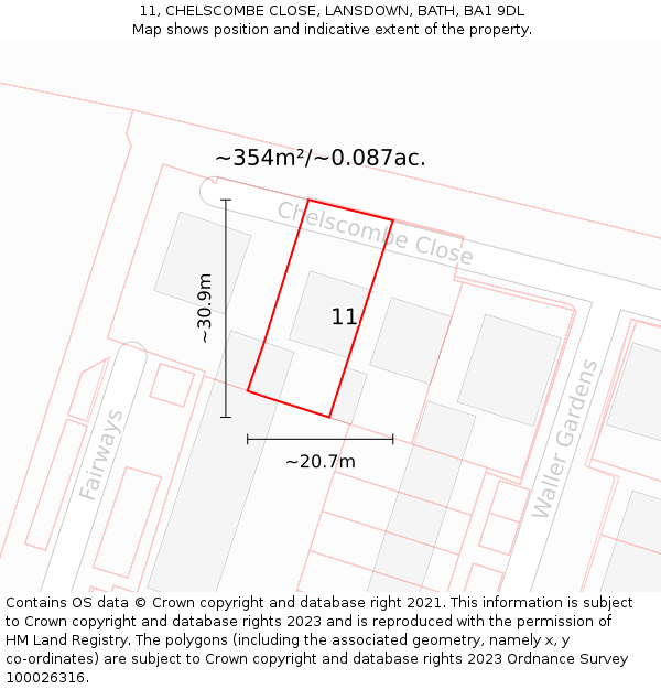 11, CHELSCOMBE CLOSE, LANSDOWN, BATH, BA1 9DL: Plot and title map