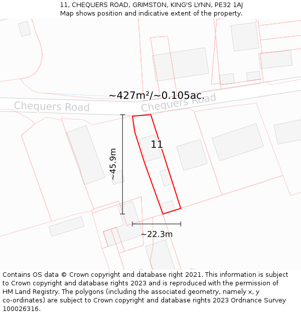 11, CHEQUERS ROAD, GRIMSTON, KING'S LYNN, PE32 1AJ: Plot and title map