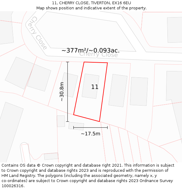 11, CHERRY CLOSE, TIVERTON, EX16 6EU: Plot and title map