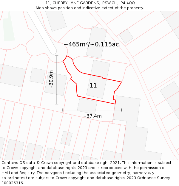 11, CHERRY LANE GARDENS, IPSWICH, IP4 4QQ: Plot and title map