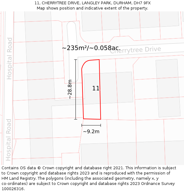 11, CHERRYTREE DRIVE, LANGLEY PARK, DURHAM, DH7 9FX: Plot and title map