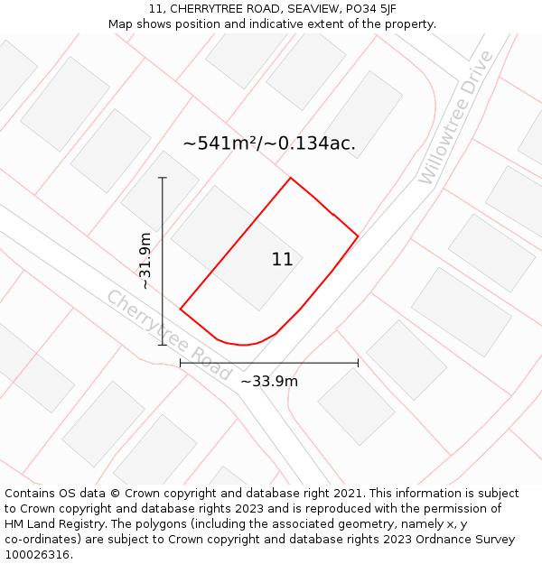 11, CHERRYTREE ROAD, SEAVIEW, PO34 5JF: Plot and title map