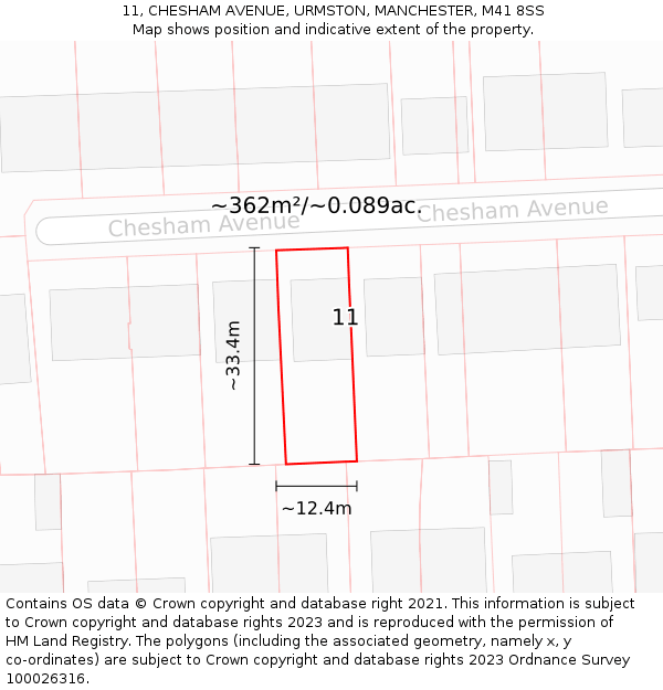 11, CHESHAM AVENUE, URMSTON, MANCHESTER, M41 8SS: Plot and title map