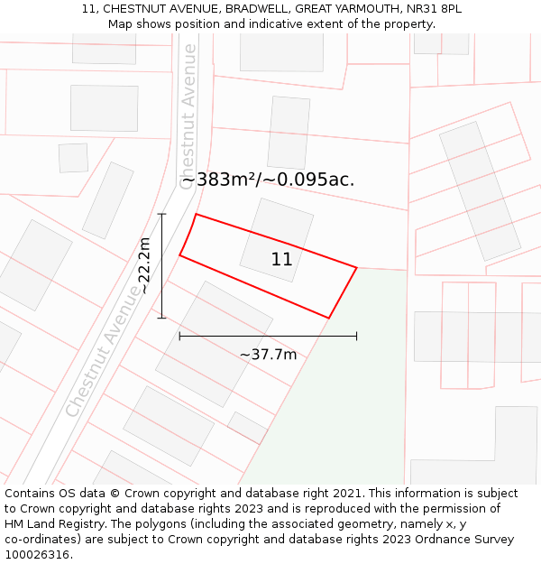 11, CHESTNUT AVENUE, BRADWELL, GREAT YARMOUTH, NR31 8PL: Plot and title map