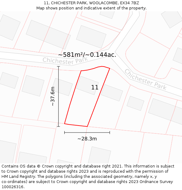 11, CHICHESTER PARK, WOOLACOMBE, EX34 7BZ: Plot and title map