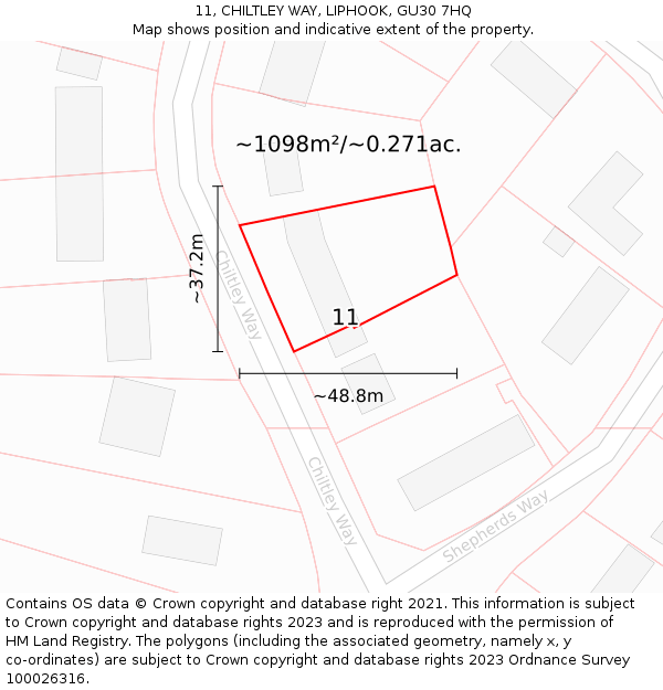 11, CHILTLEY WAY, LIPHOOK, GU30 7HQ: Plot and title map