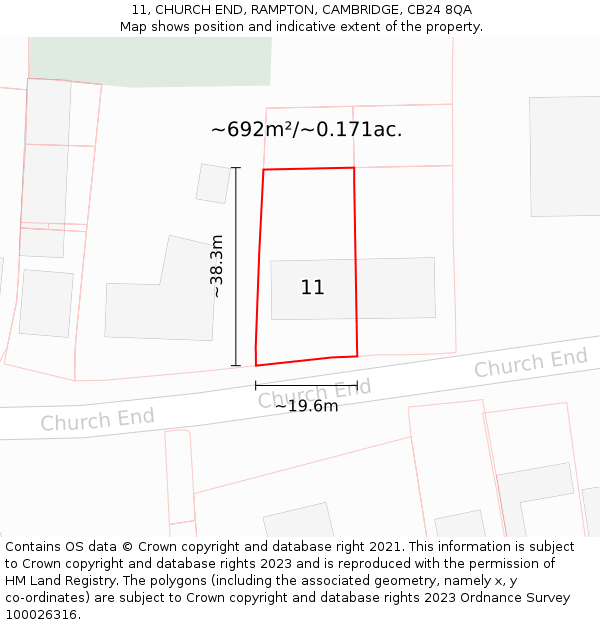 11, CHURCH END, RAMPTON, CAMBRIDGE, CB24 8QA: Plot and title map