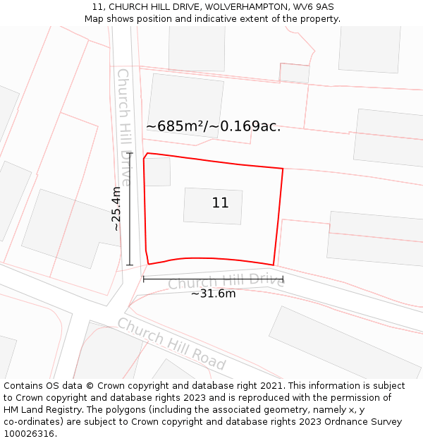 11, CHURCH HILL DRIVE, WOLVERHAMPTON, WV6 9AS: Plot and title map