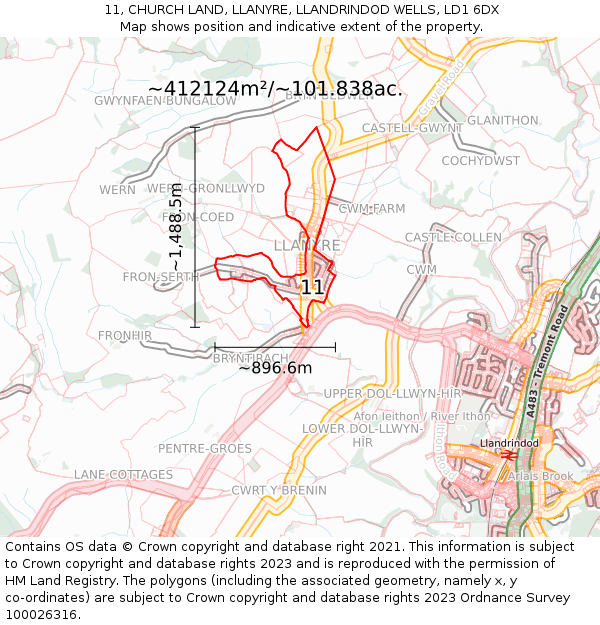 11, CHURCH LAND, LLANYRE, LLANDRINDOD WELLS, LD1 6DX: Plot and title map