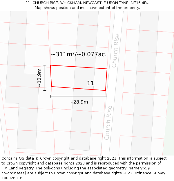 11, CHURCH RISE, WHICKHAM, NEWCASTLE UPON TYNE, NE16 4BU: Plot and title map